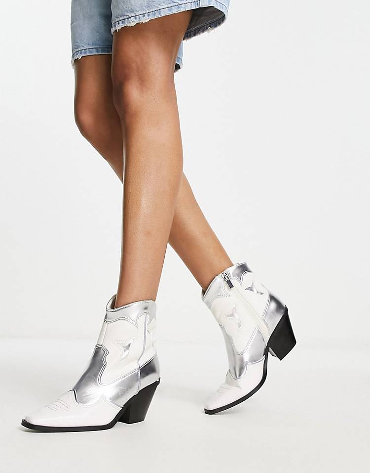 Stradivarius contrast sole western ankle boot in silver